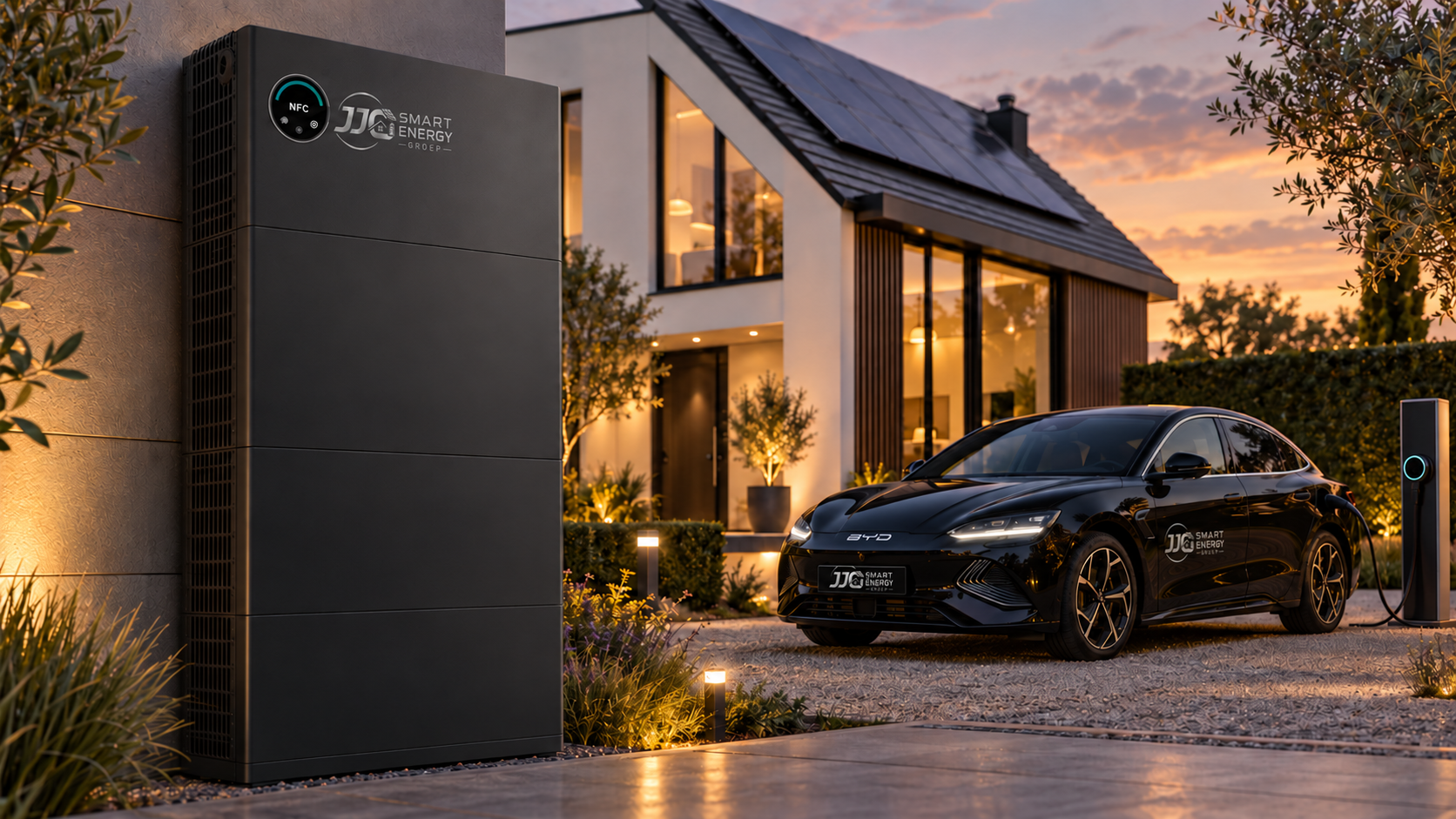 J.J.C. thuisbatterij bij een moderne woning met zonnepanelen en elektrische auto