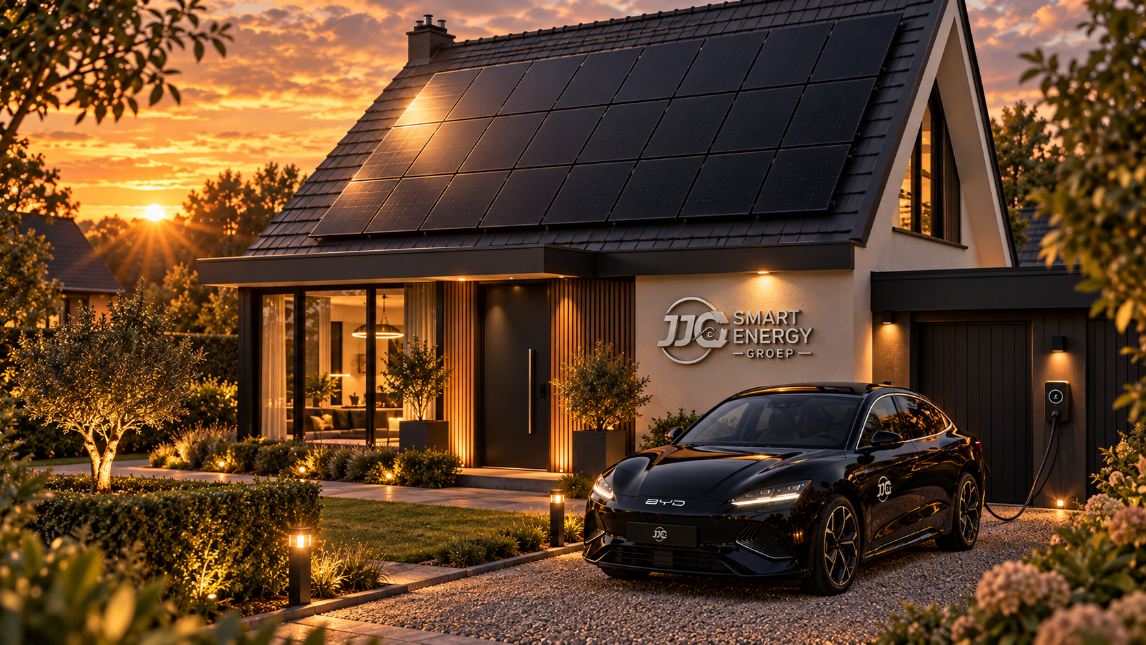 Moderne woning met zwarte zonnepanelen en elektrische auto
